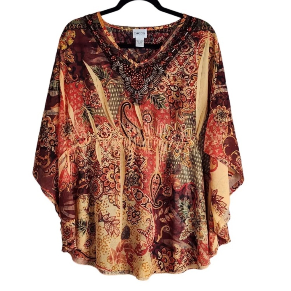 Chico’s Blouse Woman’s 3X Butterfly Style Sleeves Fun Print Earth tone color Top